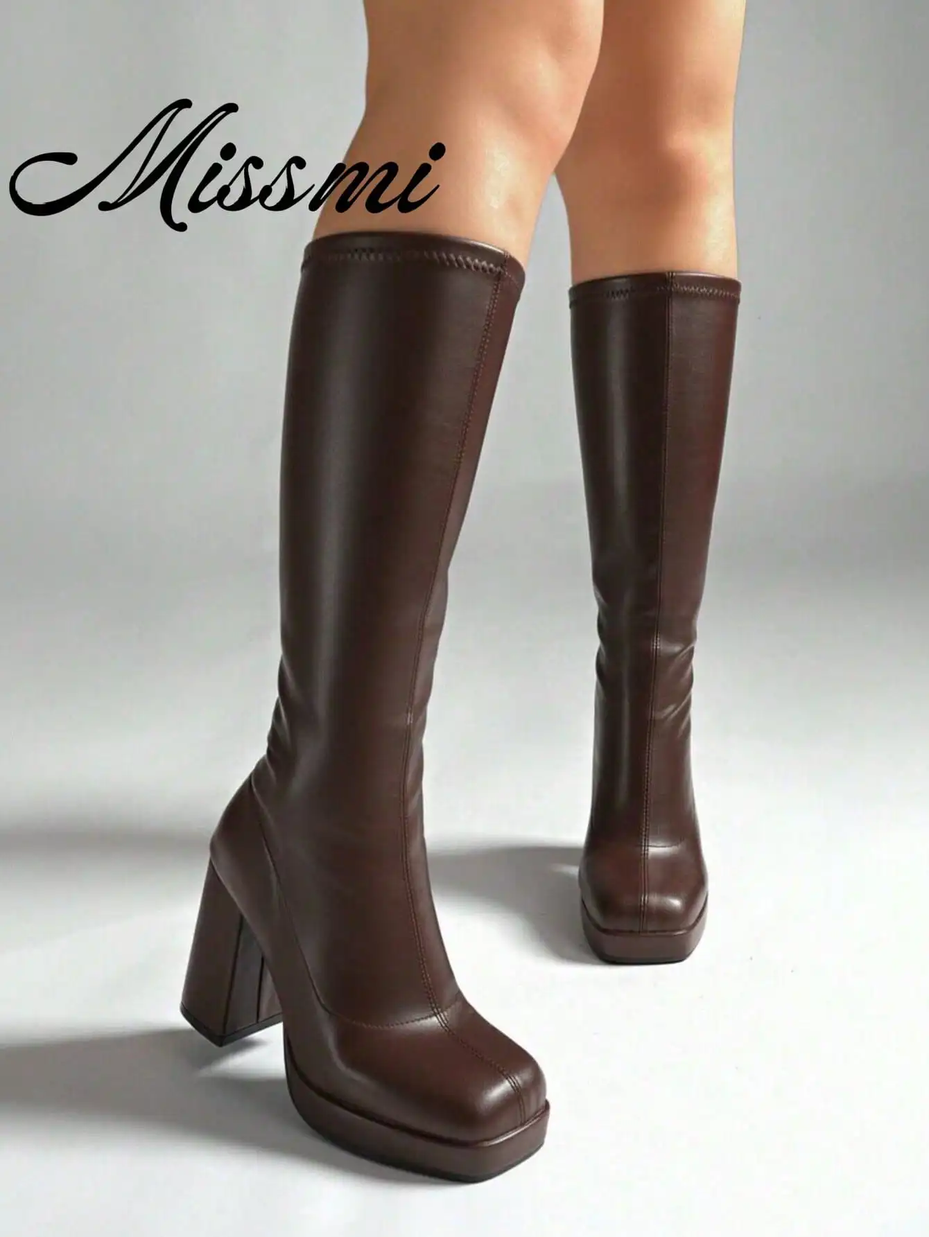 Plus Size Chunky Heel Riding Boots, New Women's High Heel Square Toe Side Zipper Boots, Suitable For Autumn/Winter, Women's Platform High Heel Shoes，sx251106147623339188