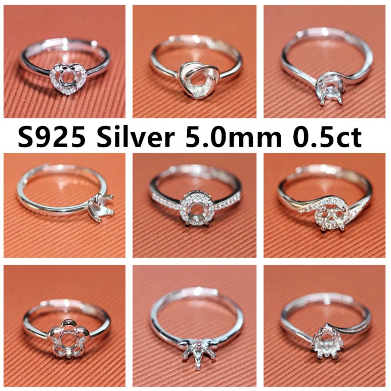 0.5ct 5mm Round Ring Settings S925 Silver Diamond-ring Accessories Women Adjustable 5A high quality