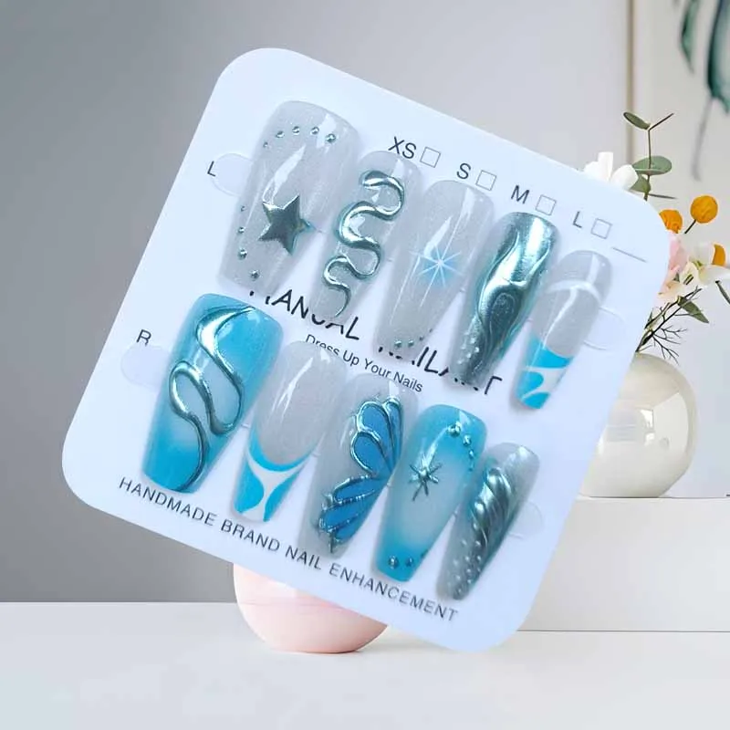 10-teiliges blaues Schmetterlings-Silber-Schlangen-Mennium-Hot-Girl-Nagelflicken zum Aufdrücken von Nials, sanfte und temperamentvolle Katzenaugen, gefälschte Nagelspitzen