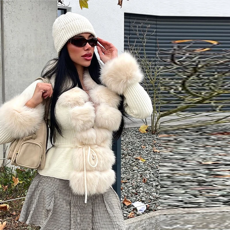 

Элегантный лоскутный свитер из искусственного меха для женщин, тонкий вязаный кардиган на шнуровке с меховым воротником и лацканами, новинка 2025, осенние женские пальто