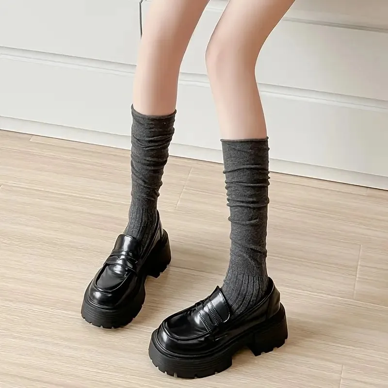 1/5 Paar elegante gerippte Damen einfarbige Wadensocken weich bequem modisch Frühling Herbst Freizeitstiefel Stapelsocken – Detail 8