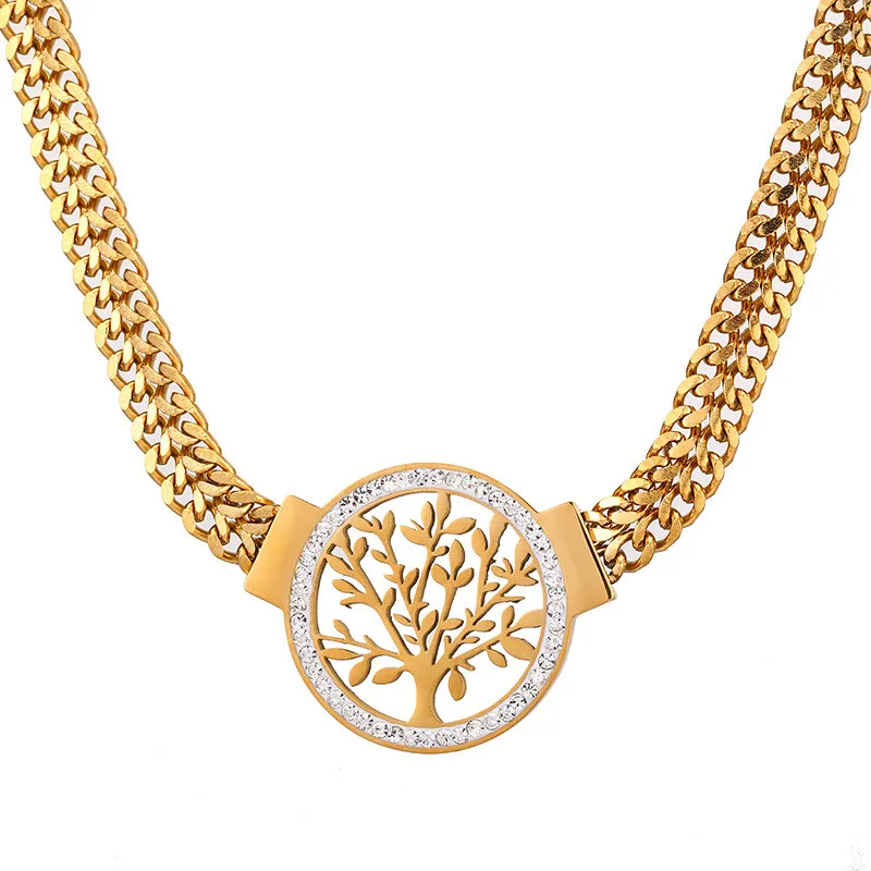 316L Stainless Steel Thick Chain With Micro Inlaid Zircon Life Tree Pendant Hip-hop Women's Necklace