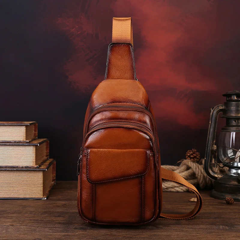 Real leather high-end men's crossbody backpack in brown, simple and lightweight, suitable for travel, single-shoulder bag