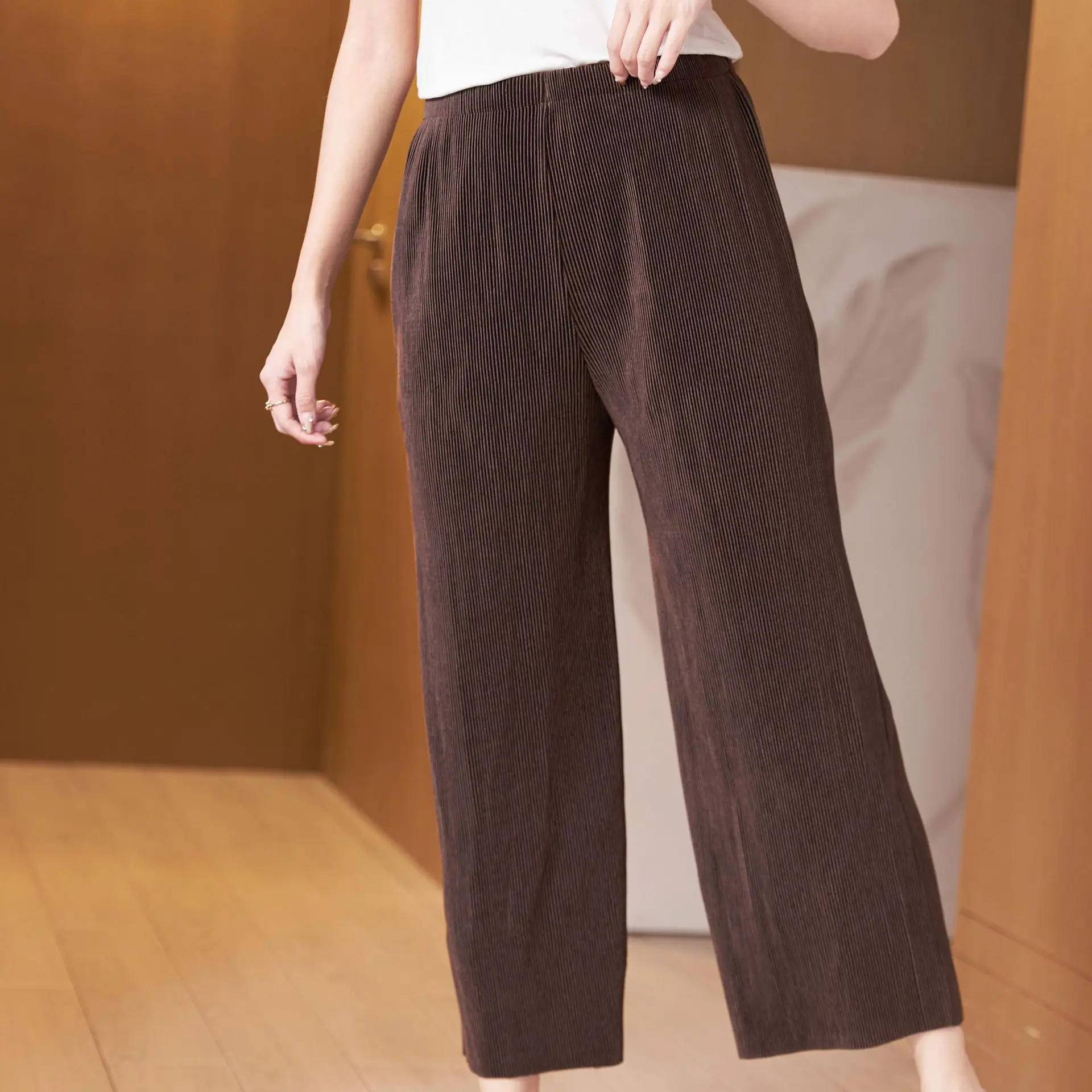 

Miyake Pleated Wide Leg Pants For Women Spring Summer Elastic Waist Solid Colour Loose Casual Trousers Ankle Length
