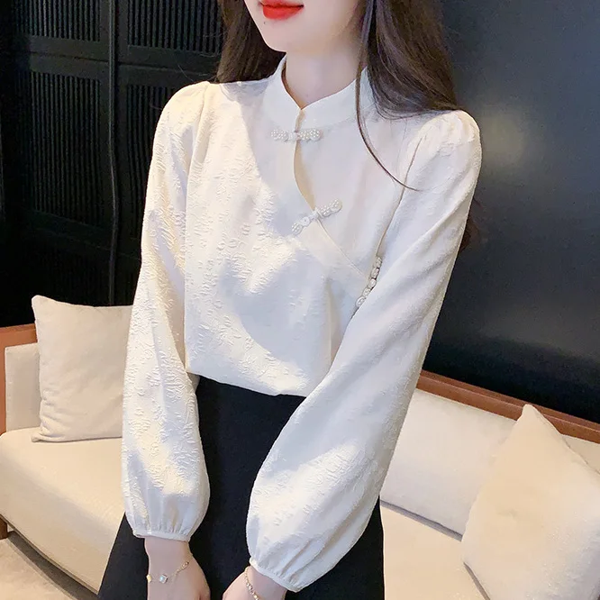 New Chinese Retro Button White Shirt Women's Autumn New Improved Cheongsam Top Women