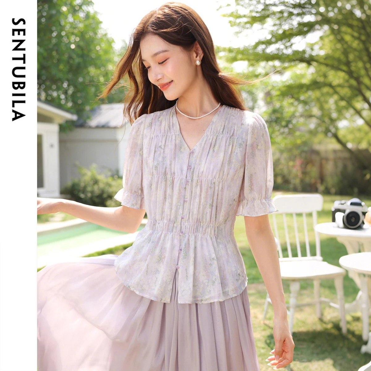 

SENTUBILA Purple Floral Women Chiffon Shirt 2025 Summer Shirring V Neck Butterfly Sleeve Single Button Blouses Lady 152VB1725
