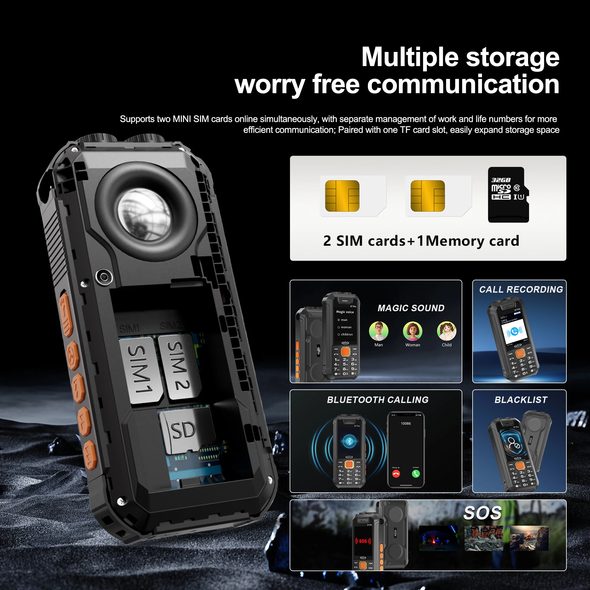 SERVO X7 PRO Kipas Mini Ponsel Senter Ganda Perekaman Panggilan Suara Ajaib Bank Daya SOS Radio FM Layar 2.8 "Ponsel 2SIM