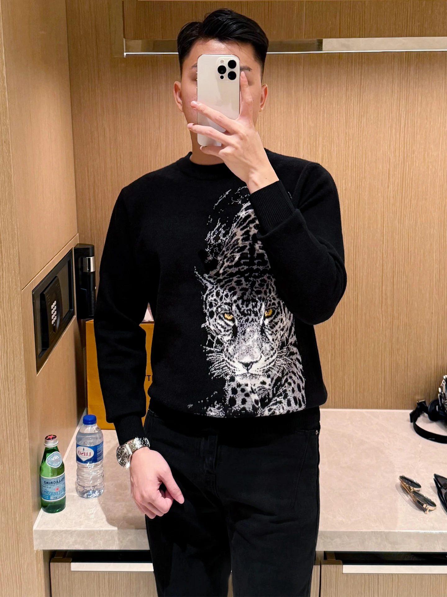 

Ybrother Faionable Bla вязаный свитер мужской с вышивкой гепарда облегающий зимний повседневный удобный теплый свитер