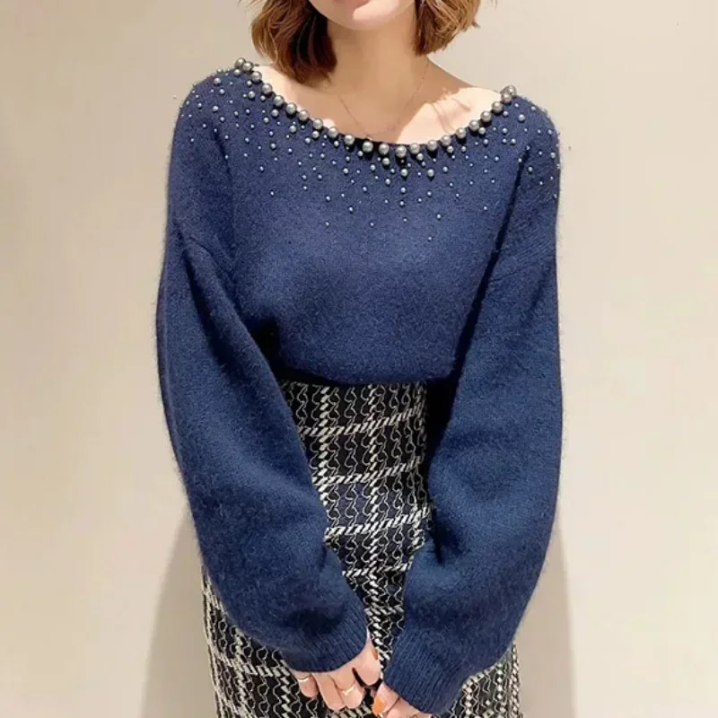 Long Bat Sleeve Ropa Mujer Japanese Pearl Sweater Spring Womens Clothing  Round Neck Pullover Tops Gentle Women Knitwears