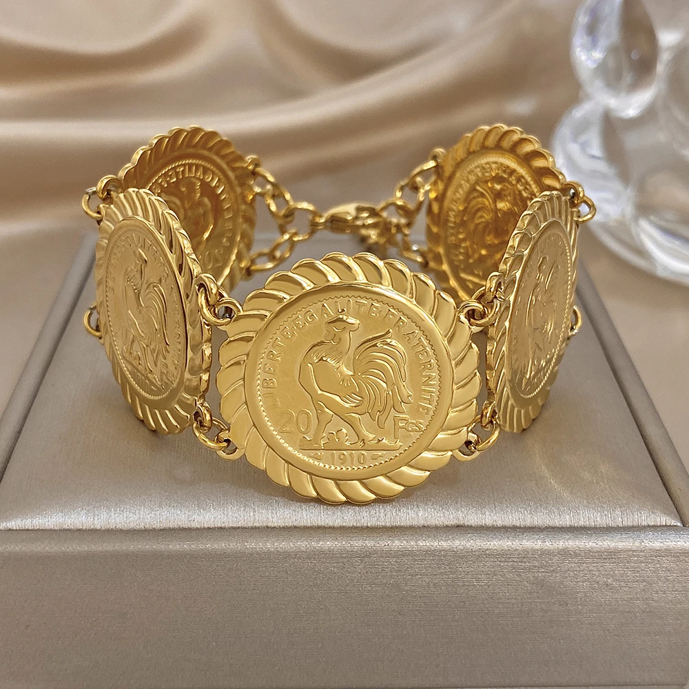 

Freetry Vintage Golden Stainless Steel Wide Bracelet for Women Punk Cock Relief Coin Charm Bangle Waterproof Jewelry Accessory