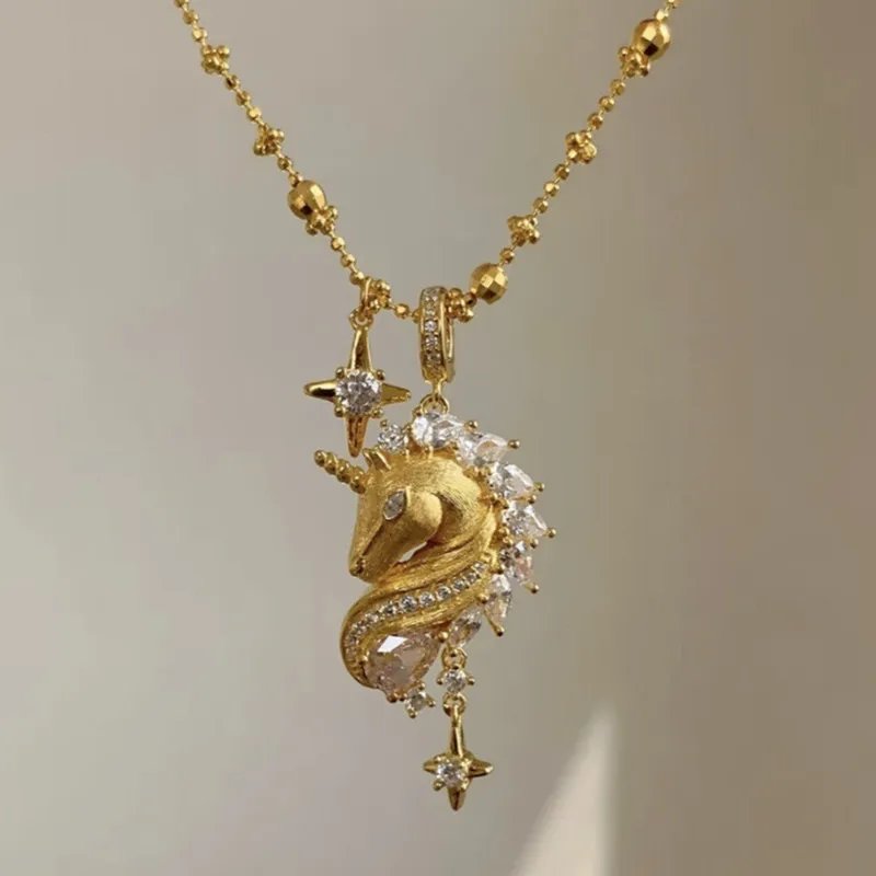 

Vintage French Style Unicorn Shape Pendant Necklaces for Women Sparkling 5A Zircon Diamonds Choker Fine Jewelry 14K Gold Gifts
