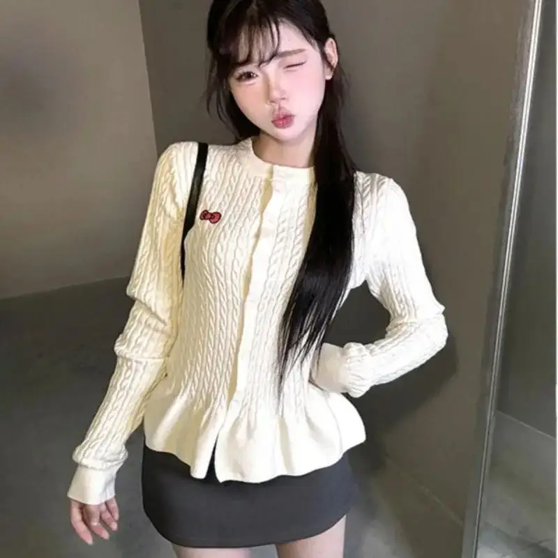 

Knitted Cardigan New Style Ruffled Irregular Waist Women Autumn Slim Fit Cute Chic Versatile Top