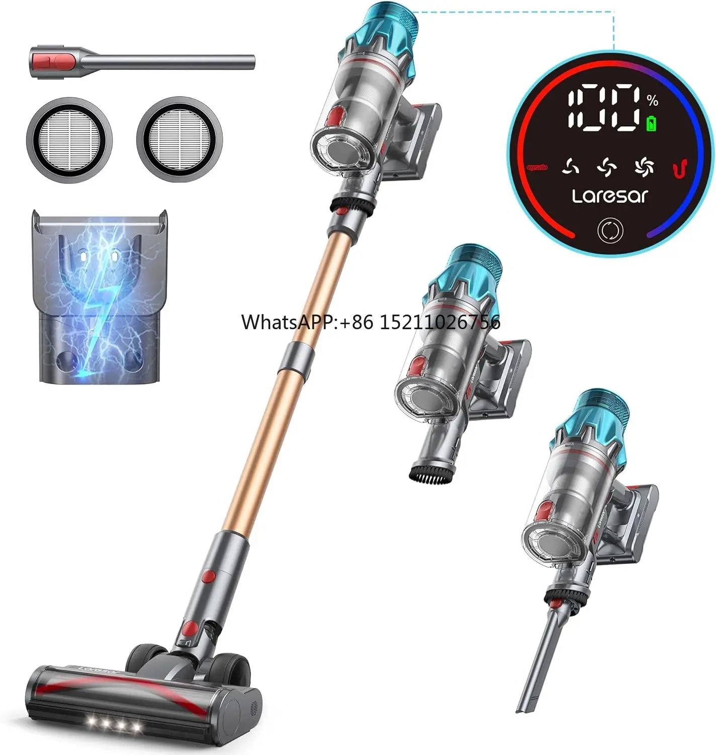 Laresar Touch Screen 550W 45Kpa Stick Cordless Vacuum Cleaner with Charging Station for Carpet, Hard Floor, Pet Hair