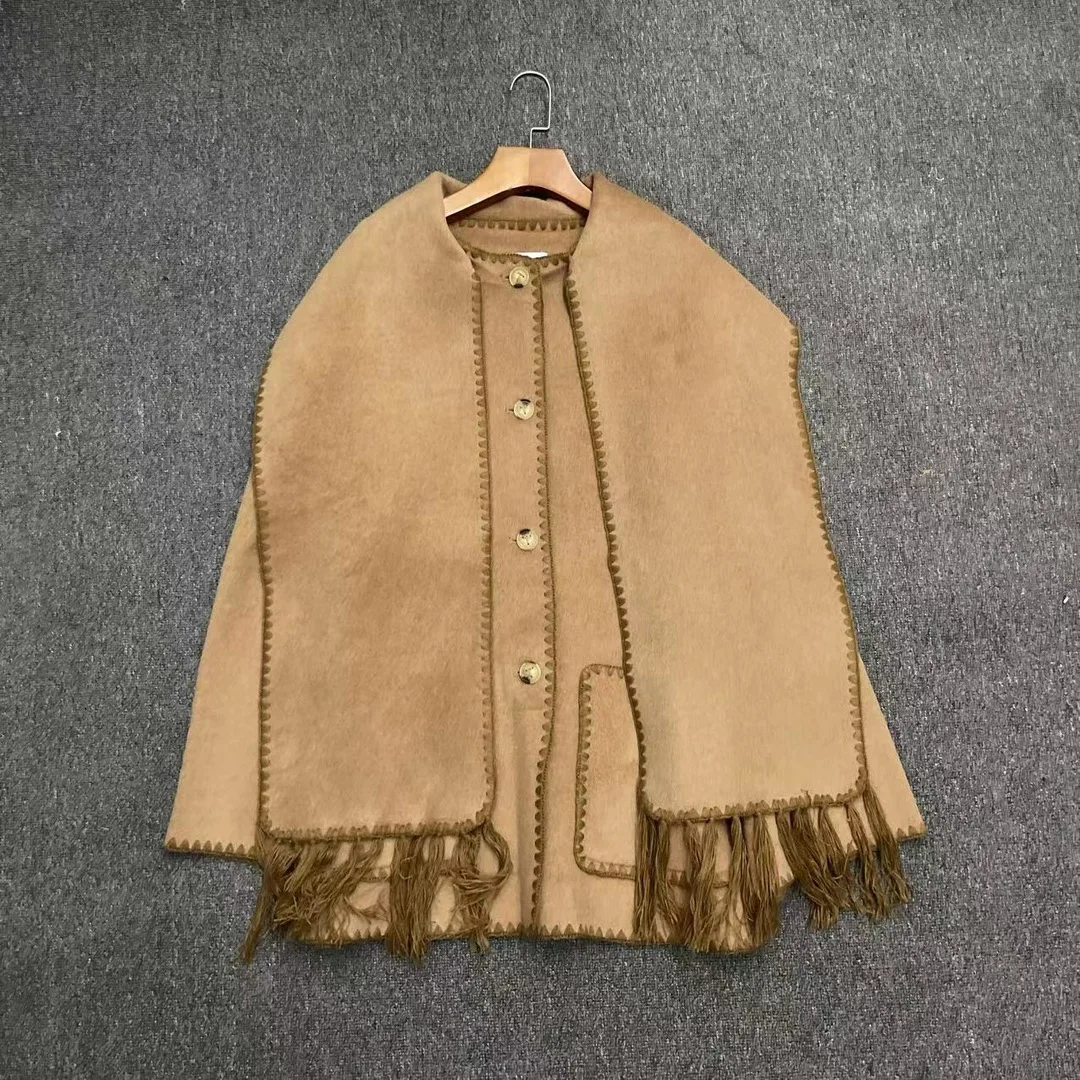 2024 Autumn/Winter New Women's Clothing Camel wool off shoulder embroidered tassel scarf jacket jacket 1011