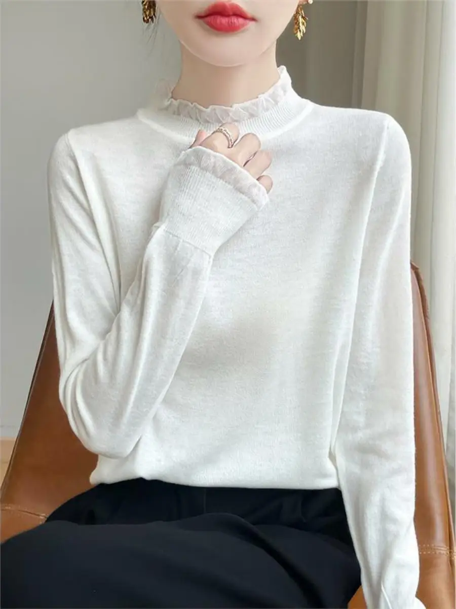 

Новый осенне-зимний женский вязаный кружевной топ 00, шерстяной тонкий топ с ушками, длинный свек, круглый цвет Ne