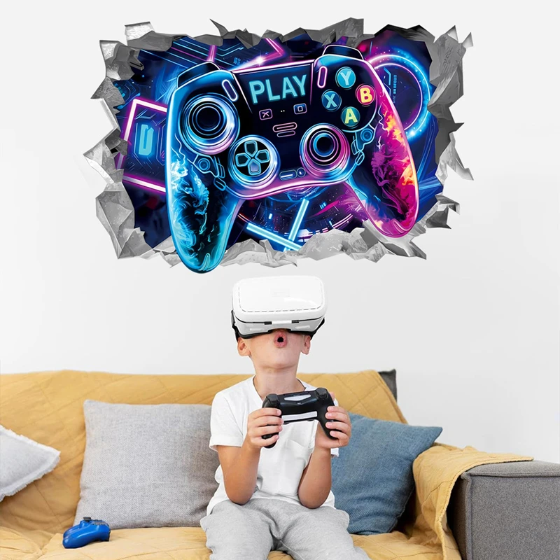 Geometric Space Gaming Mural Glow Gamepad 3D Vinyl Wall Stickers for Home Kids Bedroom Gamer Room Decorations Sci-fi Game Poster