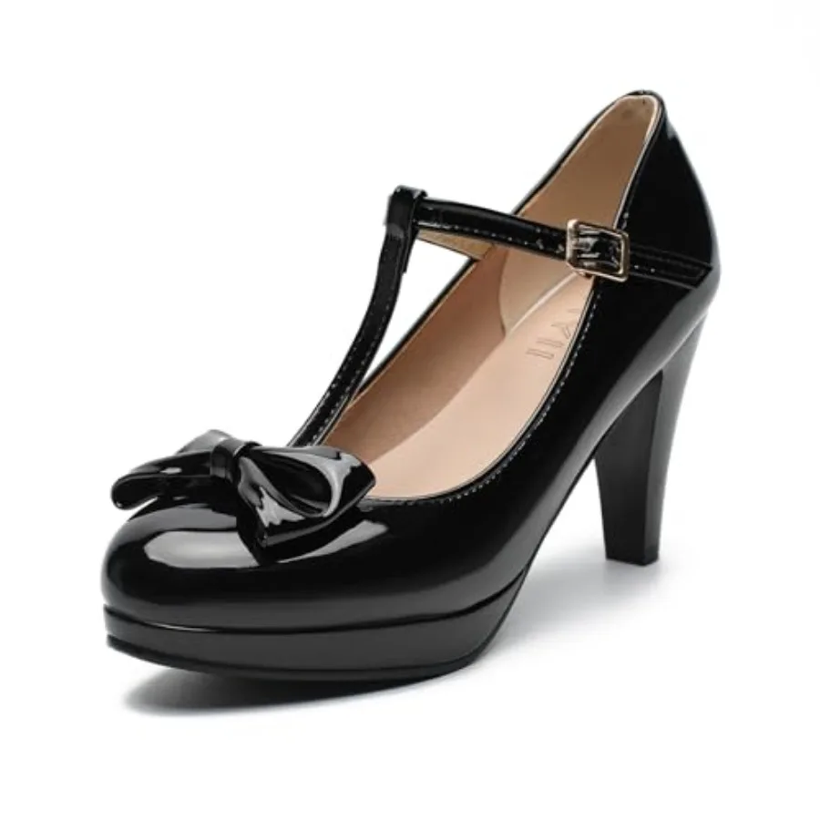 

Platform Mary Jane Heels for Women, T-Strap Pumps with Bow, Chunky Heel Dress Shoes for Office, Wedding, Lolita Cosplay 2.75Inc