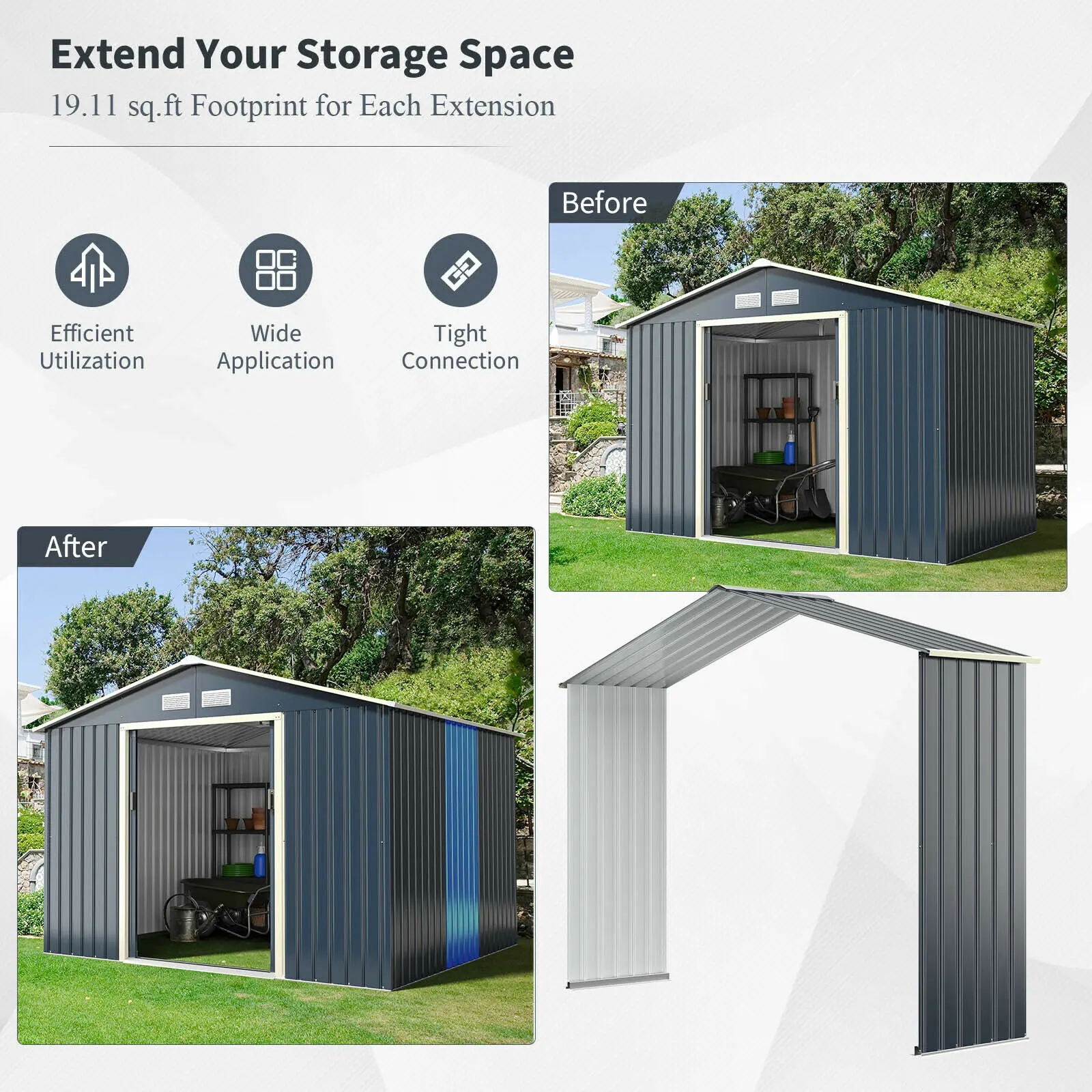 Outdoor Storage Shed Extension Kit for 9.1 ft Shed Width Grey