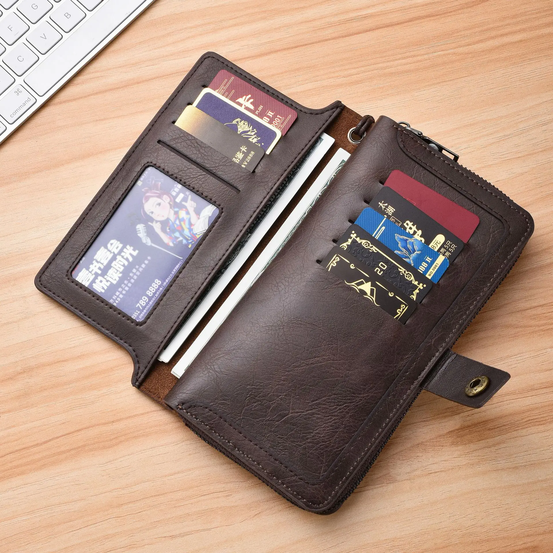 New Fashion Men's Long Wallet with Zipper, Multiple Card Slots, Soft Leather, for Students and Youth