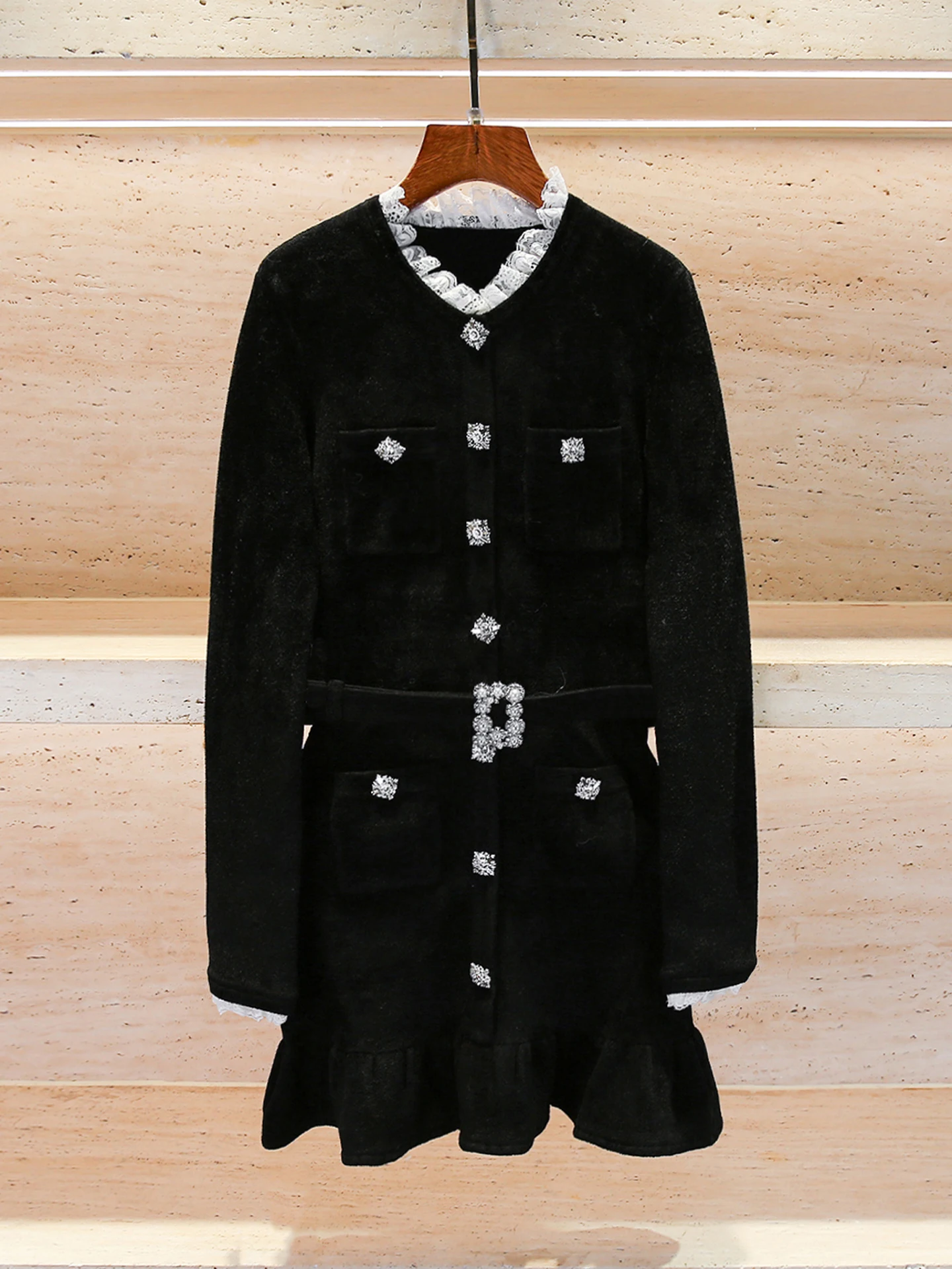 Velvet Dr with Lace Trim And Diamond Buttons Ele Ladylike Sle Long Sve High Waist A-Line Silhouette for Women