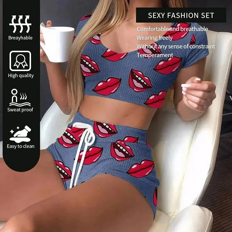 Two Piece Set of New Women's Fashionable Red Lip Pattern Pajama Home Set, Women's Slim Fit V-Neck Sexy High Waist Pajama Set