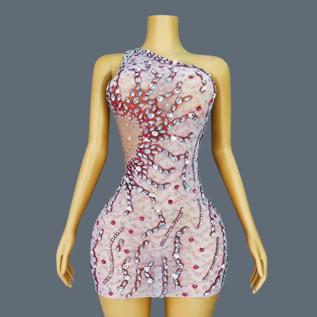 

Women Sexy Sparkly Rhinestones Cocktail Dress Club Stage Dance Shown Evening Party Luxury Spandex Elastic Birthday Dress Lunhai