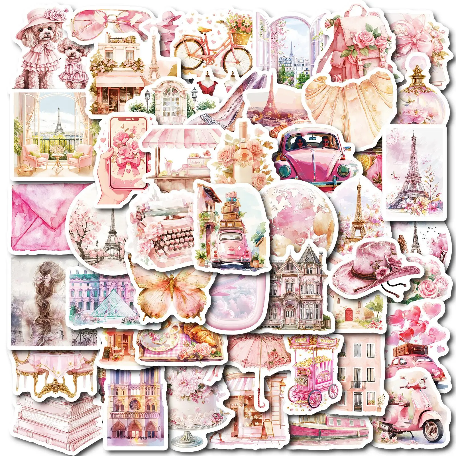 

10/50pcs Romantic Vintage Pink Paris Eiffel Tower Girls Decoration Stickers DIY Notebook Water Bottle Bike Laptop Phone Sticker