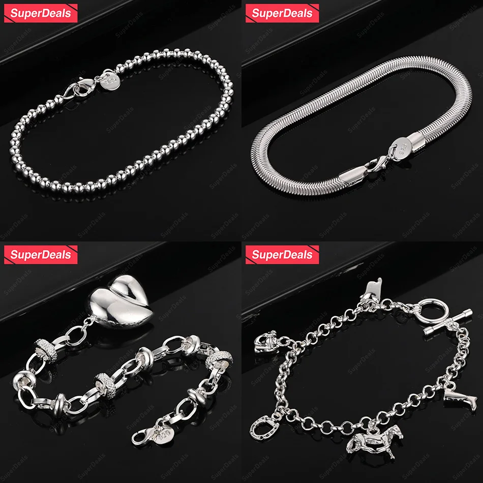 

SuperDeals 925 Sterling Silver Heart Shaped Beads Saddle Flat Side Chain Bracelet Women Charm Fashion Jewelry Birthday Party
