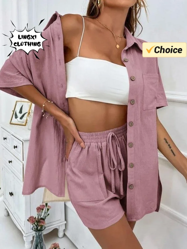 2024 Summer Fashion Sports Casual Cotton Linen Two Piece Set for Women\'s Single Breasted Shirt Elastic Waist Short Two Piece Set