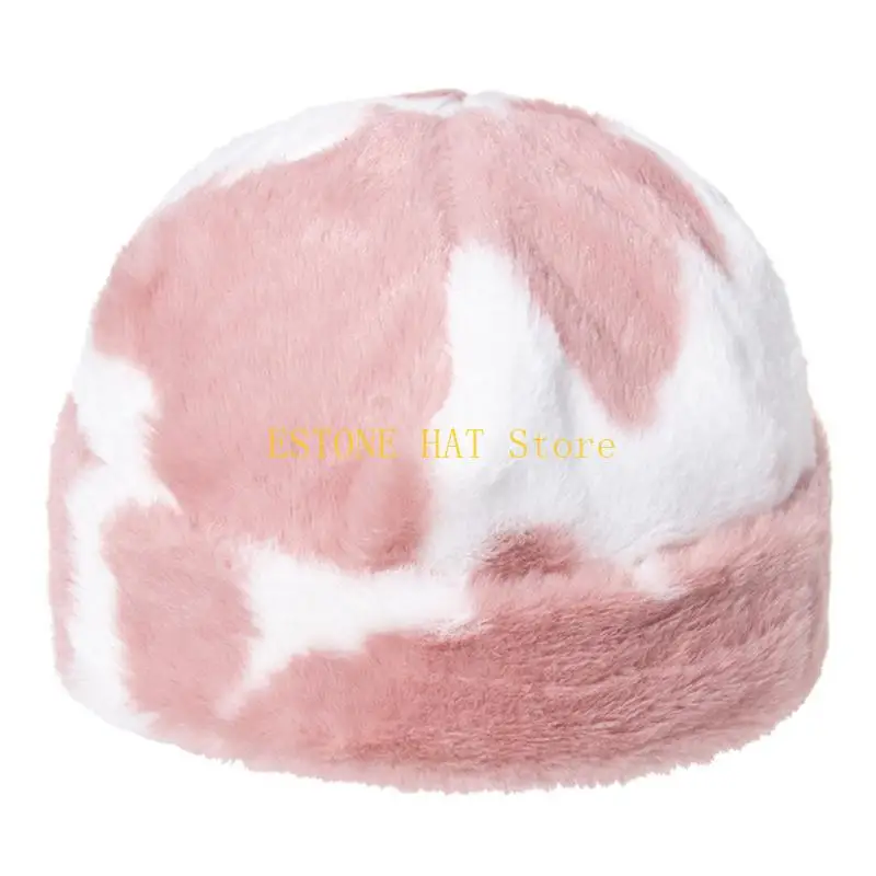 49MF 3Pcs Winter Milk Cow Print Plush Warm Beanie Skull Hat with Scarf Set