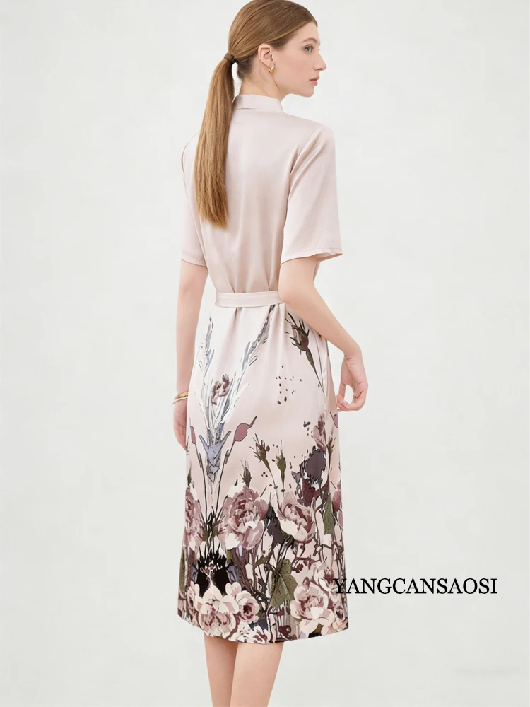 2026 Primavera/Estate delle donne Nuovo Stile 91.8% Seta di Gelso Naturale Raso Elastico Moda Stand-up Manica Corta Stampato Vestito Da Partito