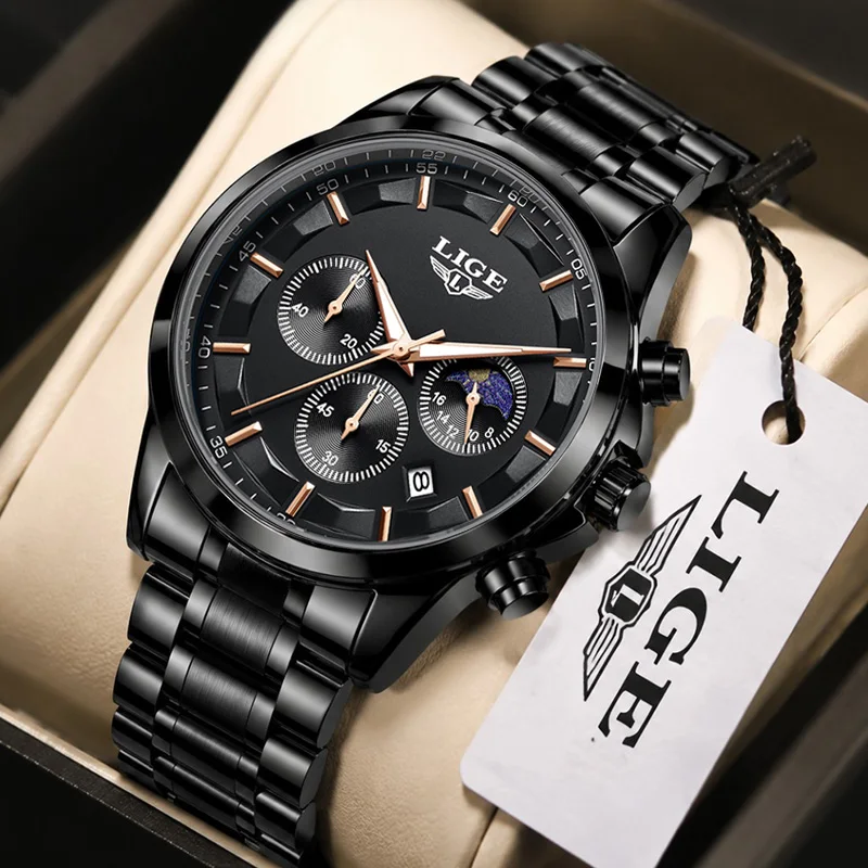 LIGE Men Watch Fashion Business 24 Hours Moon Phase Chronograph Male Clock Waterproof Luminous Quartz Wristwatch Gift for Men