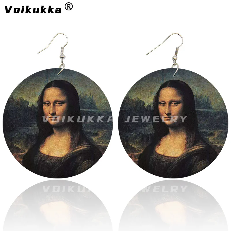 Oil Painting Mona Lisa Van Gogh The Starry Night Girl With A Pearl Earring Pattern Wood Both Sides Printing Women Earrings Gifts