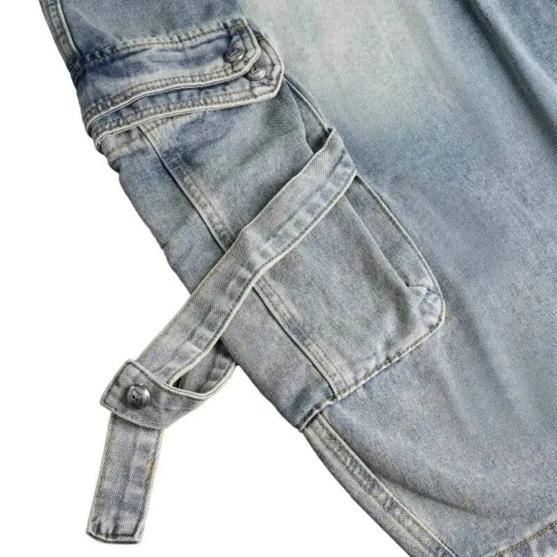 MWJLPWQ Streetwear Washed Distressed Jeans Men's American Style Multi Pocket Drawstring Loose Work Pant 2026 Summer Autumn 17275
