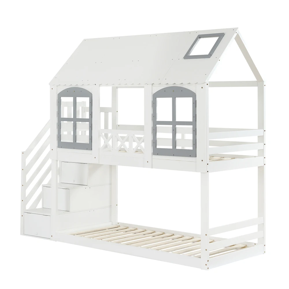 PINGGO Weißgraues Etagenbett 90x200cm mit Dachfenster, Leiter, Fallschirmgitter und 3 Staufächern aus Kiefern-MDF, ohne Matratze – Detail 15