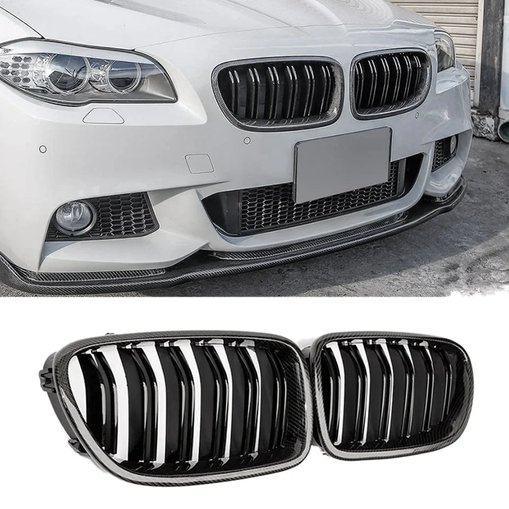 

4 Pcs Car Carbon Fiber Glossy Double Slats Front Kidney Grille Grill For-BMW 5 Series F10 F11 M5 2010-2016