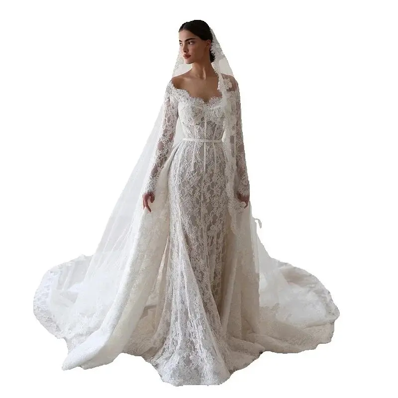 Meerjungfrau-Brautkleid mit V-Ausschnitt, schulterfrei, lange Ärmel, Spitzenapplikation, Brautkleid, formelle Hochzeit, Ballkleid, individuell gestaltet