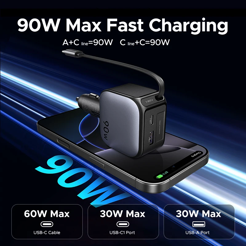מטען רכב UGREEN 145W - 4 יציאות USB וכבל נמתח לטעינה מהירה - תמונה 6