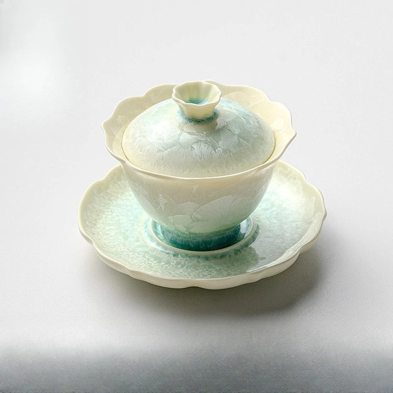 

"gradual change" crystal ice flower lace three talent cover bowl ceramic kung fu tea set tea set gift box