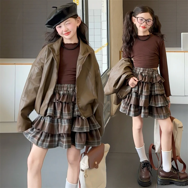 

Baby Girl Clothes Set Size 4-14Y PU Jacket+Tee Top+ Dress Bottom Clothing Suit Kid Autumn Clothing Set Toddle Girl Y2K Fashion