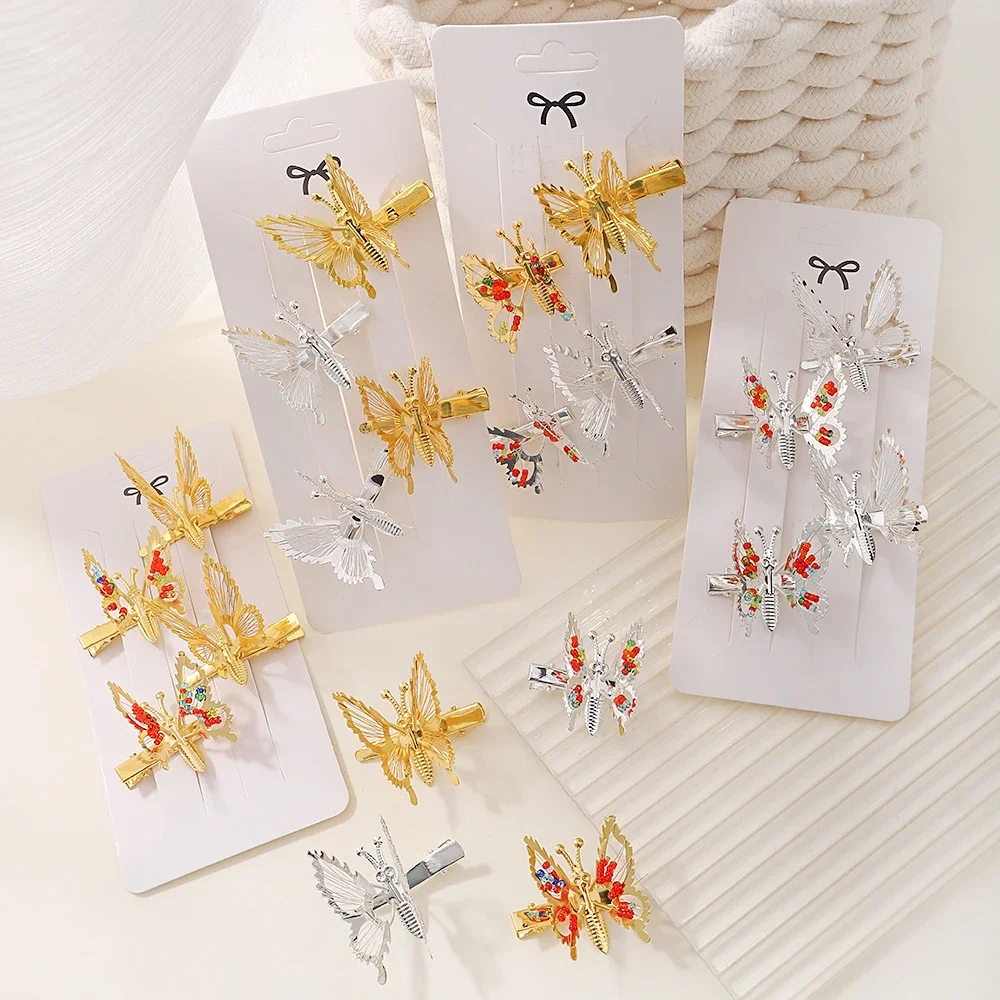 2/8Pcs Metal Butterfly Hair Clips Alloy Beaded Wings Women Girls Headwear Alloy Gold Duckbill Clip Holder Hair Accessories Gift