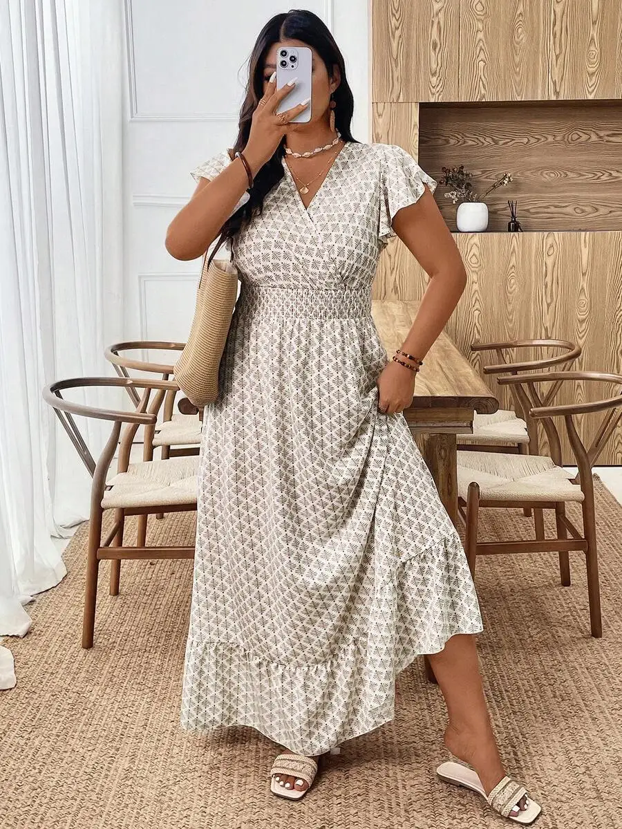 

Elegant Floral Print Short Sleeve Shirred Waist Maxi Dress For Women Casual Vacation Style
