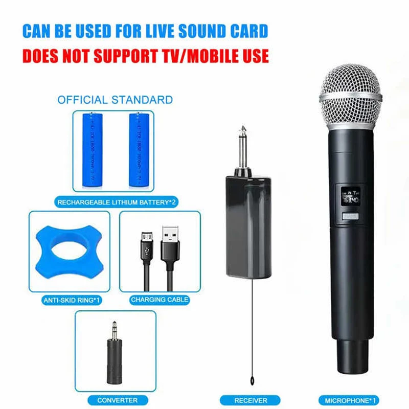 Wireless Dynamic Microphone System Portable Handheld Karaoke Microphone with Built-in Li Battery for Singing