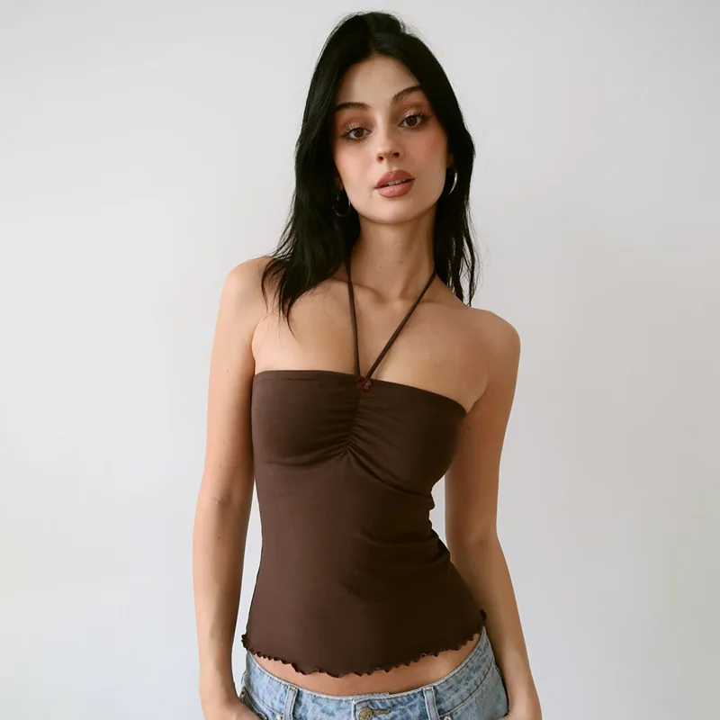 Women Crop Top 2025 New Women's Halter Top Tie Backless Ruffled Smocked Crop Tank Elegant Feminine sleeveless