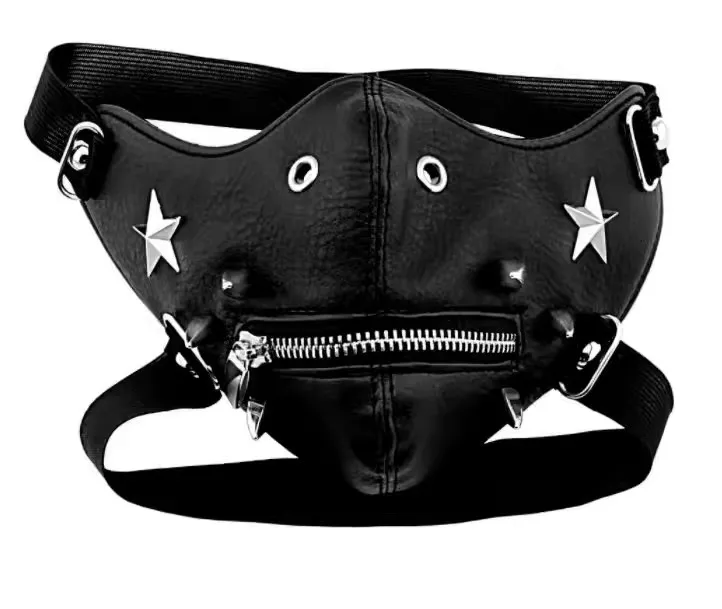 Men Women's Black PU Leather Star Rivet Zipper Rock Mask Lady's Breathable Party Cosplay Halloween Mouth-muffle R1404