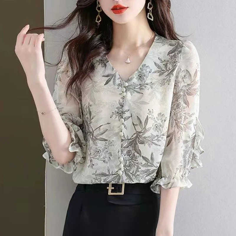 Women\'s Summer Trendy Ruffle Print Elegant Blouse Korean Style V Neck Three Quarter Sleeve Shirt Sweet Chic Chiffon Tops Blusas