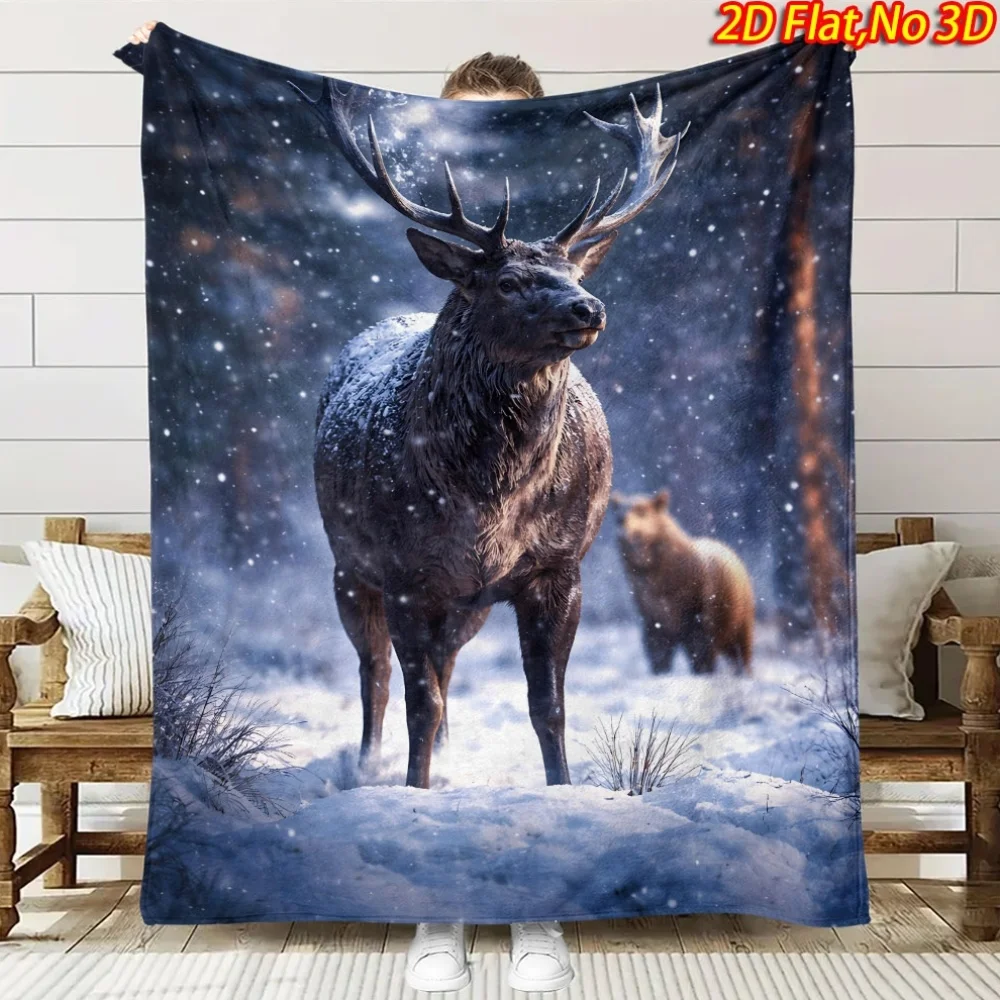 A New 2D Flat Printed Fleece Blanket with a Snow-Themed Reindeer Design for Spring And Summer, Made of 100% Polyester with High-
