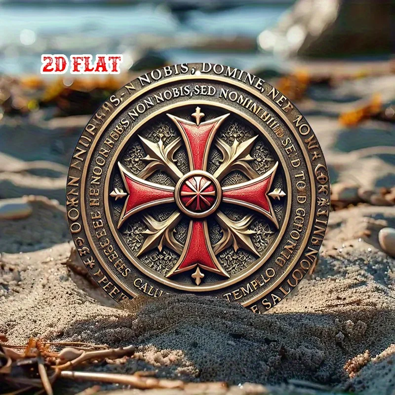 [2D Flat] 1pc Knights Templar Round Aluminum Sign - Rustic Metal Wall Art with Red Cross Frame, Latin Inscription, Ideal for Hom