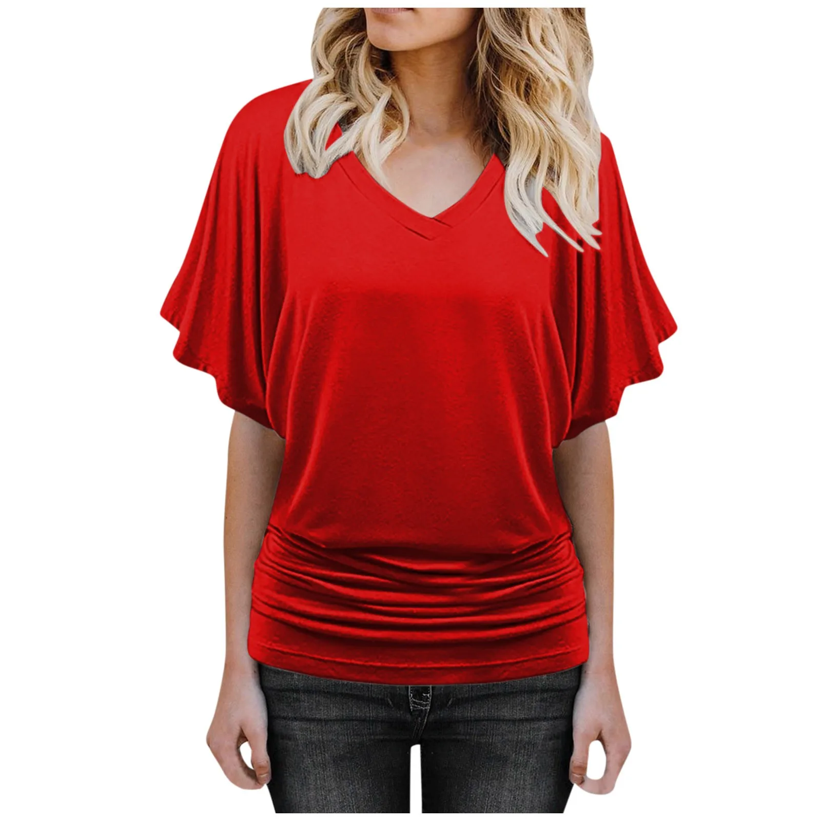 Elegant Women Blouse Casual T-shirt 2023 Summer Simple Solid Short Sleeve V-neck Office Lady Shirt Top Loose T-shirt