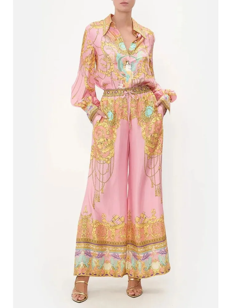 

Luxury Casual Vacation Two Piece Set for Women Laple Long Sleeve Pink Printed Shirt High Waist Trousers Suit Female Autumn New